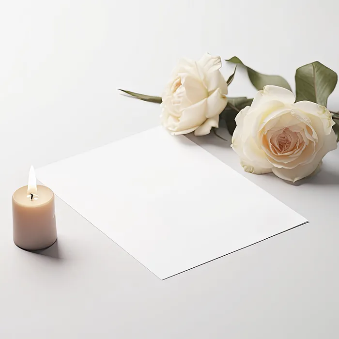 leeres Blatt Papier neben zwei Rosen